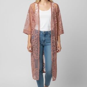 Cottagecore Lace Kimono Scallope Open Front Duster Coquette Cover Up 1X Mauve